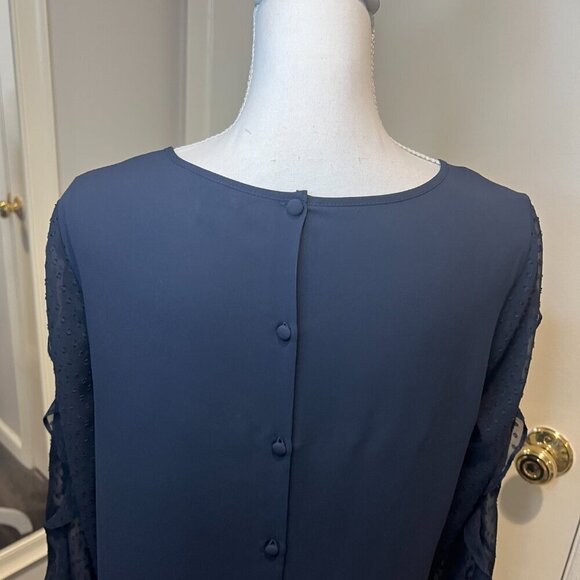 Express Navy Sheer Ruffled Polka Dot Sleeve Blouse, Size Medium - Picture 13 of 16